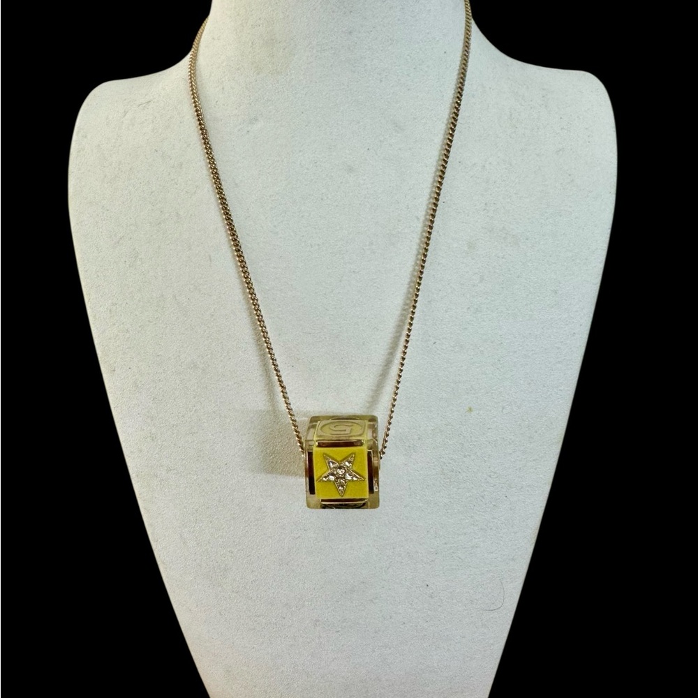 CHANEL Lucite Cube Pendant Necklace – CC Logo, “5” and Star Motifs